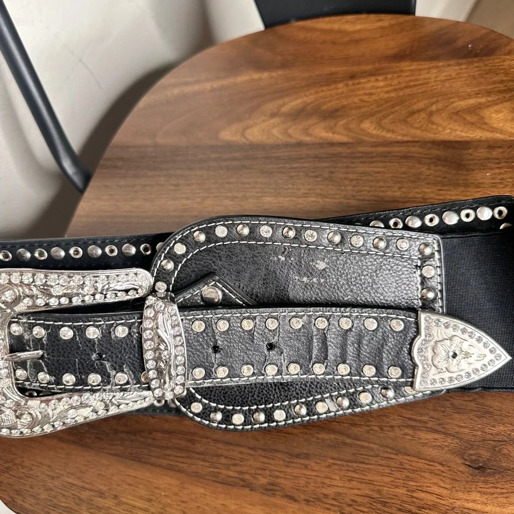 Ariat Womens Western Cinch Belt Black Studded Horseshoe Rhinestone XL Rare